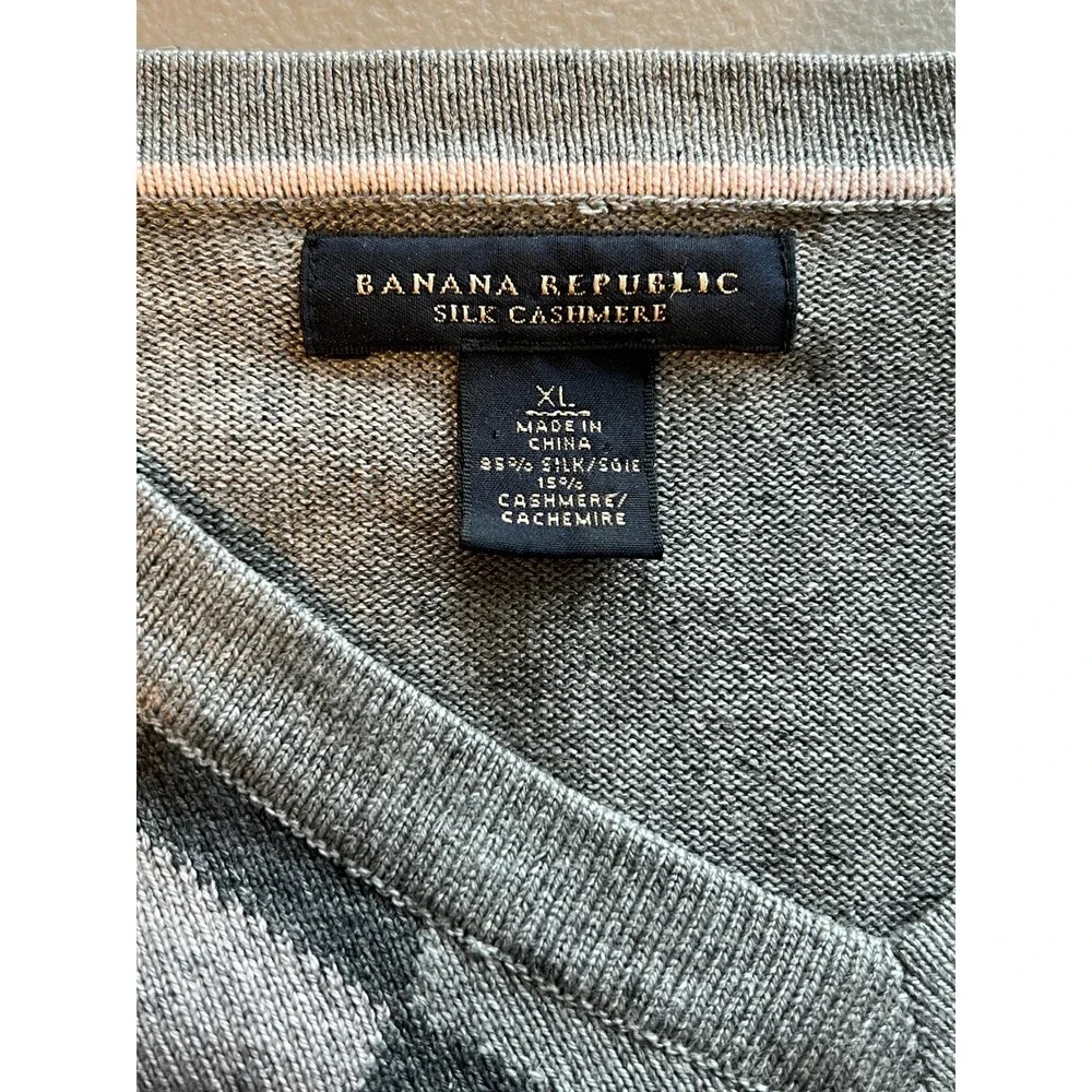 VTG Preppy Banana Republic Argyle Sweater Silk/Cashmere Gray/Black/Pink Men's XL